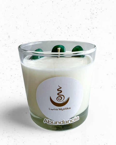 Vela de soya Abundancia, cuarzos jade