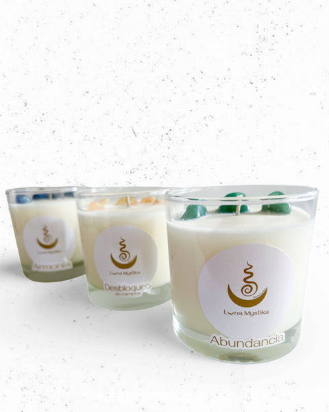 Juego de 3 Velas de soya, Abundancia, Desbloqueo de caminos y Armonía.